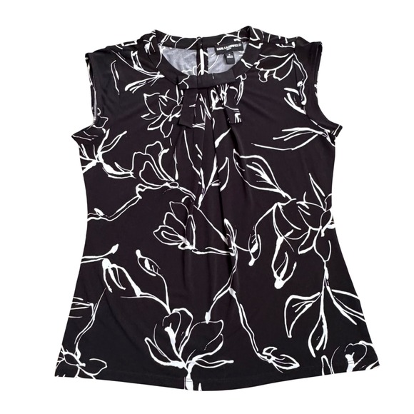 Karl Lagerfeld Tops - Karl Lagerfeld Paris Black White Floral Sleeveless Bow Neck Top Women's Size S